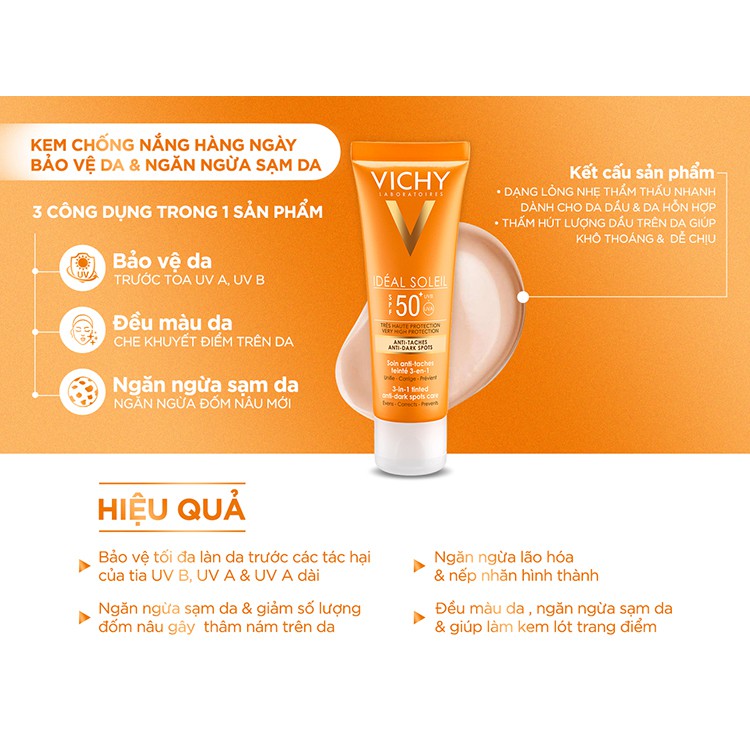 Vichy- Kem Chống Nắng Ngăn Sạm Da, Giảm Thâm Nám Vichy Ideal Soleil Anti-Dark Spots SPF50 50ml