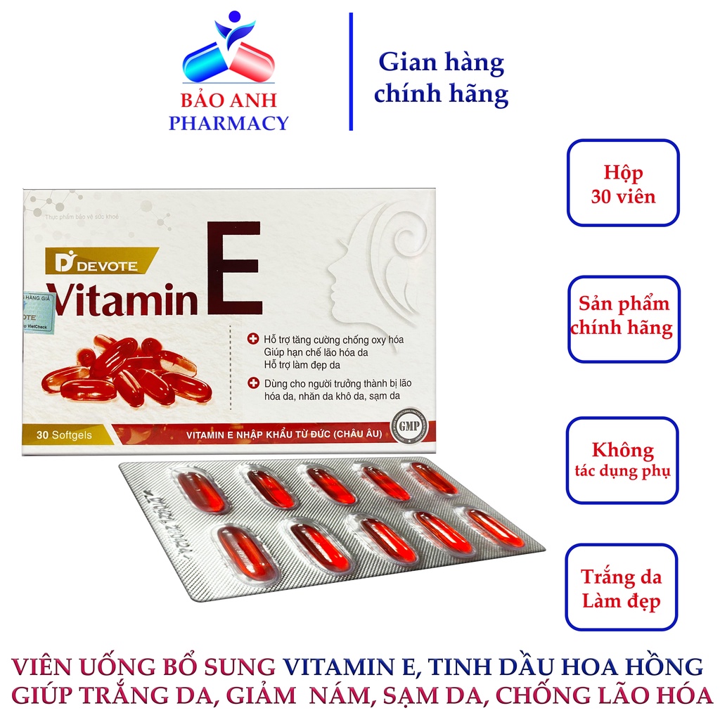 VITAMIN E DEVOTE- Viên dưỡng da, làm đẹp, chống lão hóa, giảm nám, sạm da, bổ sung Vitamin E, tinh dầu Hoa Hồng, Dầu gấc
