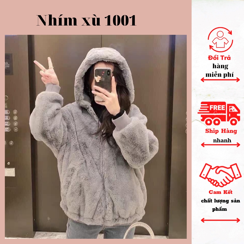 Áo Khoác Lông Nữ Quả Bông Tai Thỏ Dáng Rộng Ulzzang Đáng Yêu