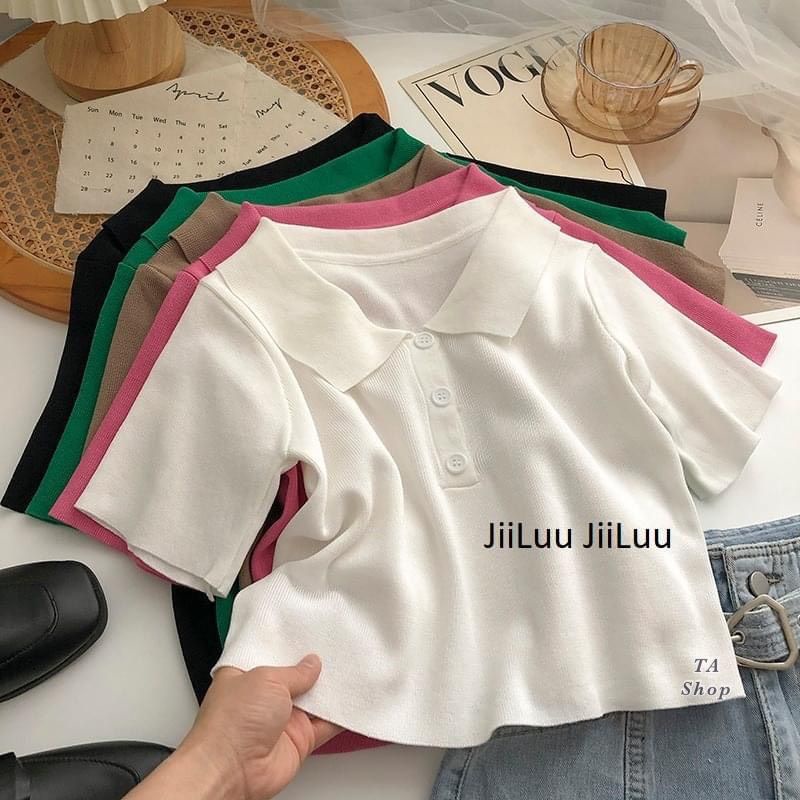 Áo len motoghi ngắn tay cổ bẻ croptop hàng QC
