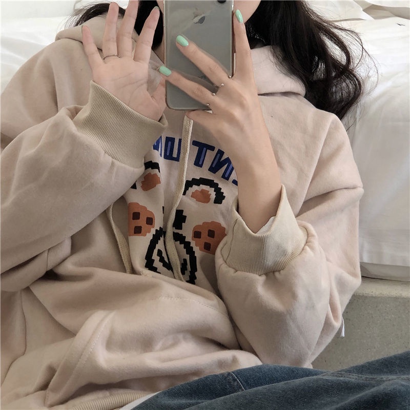 Áo Hoodie Len Lông Cừu Dày Dáng Rộng Thêu Họa Tiết Phong Cách Hàn Quốc Thời Trang Mùa Đông Cho Nữ