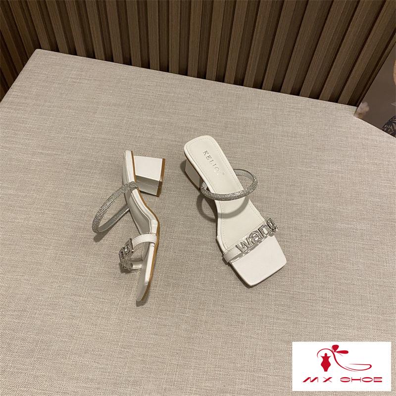 ~ Dép Sandal Đế Phẳng Dày Quai Ngang Đính Đá In Chữ Phong Cách Cổ Tích Thời Trang Mùa Hè