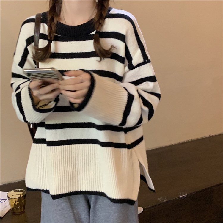 Áo Sweater Dệt Kim Dáng Rộng Kẻ Sọc Kiểu Hàn Quốc Thời Trang Mùa Thu Cho Nữ