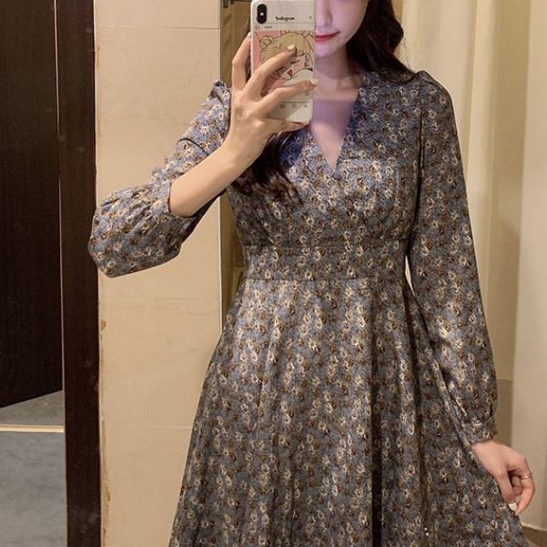 Váy nữ Đầm Midi Dáng Chữ A Ôm Eo Tay Dài Cổ Chữ V In Hoa Kiểu Retro Pháp Cho Nữ