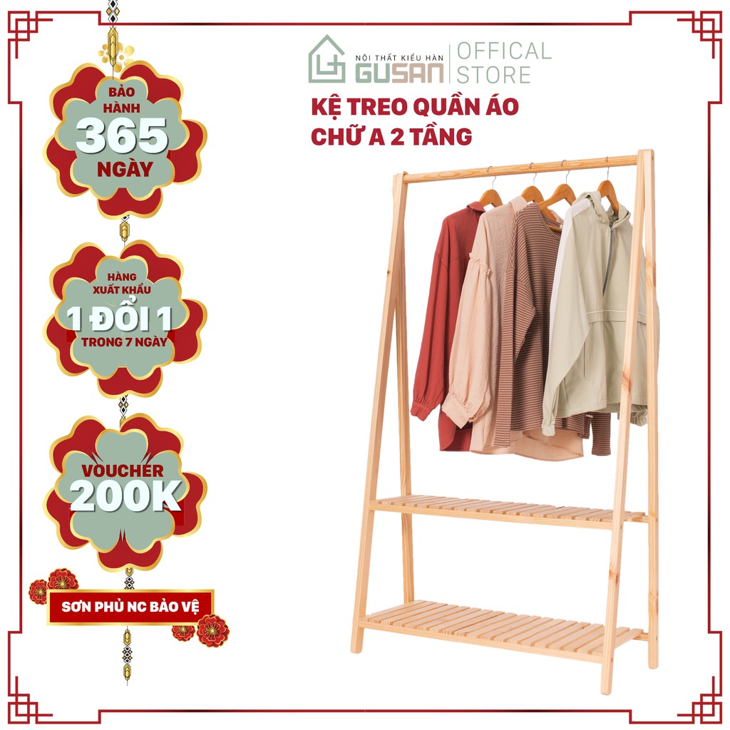 Giá Treo Quần Áo bằng gỗ 2 tầng chữ A GUSAN kệ treo quần áo phong cách Hàn Quốc