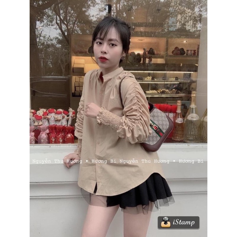 Áo sơ mi nâu cổ tàu tay nhún