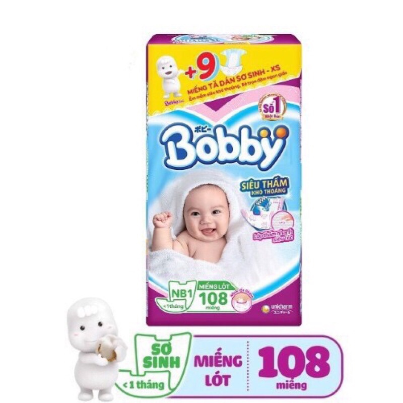 Miếng lót bobby newborn 1(108m)tặng 3 miếng xs/ bobby newborn / tã dán xs 72 tặng