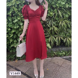 Váy đầm nữ dáng xòe kiểu tay phồng nhún ngực chất umi mềm mịn thoải mái cho người mặc