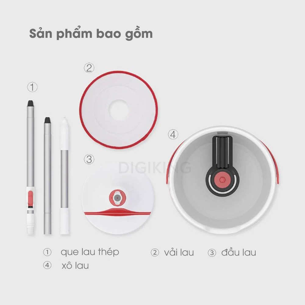 Bộ cây lau nhà thông minh  XIAOMI Yijie Rotary Mop Set YD-02 Red Gray Cloth