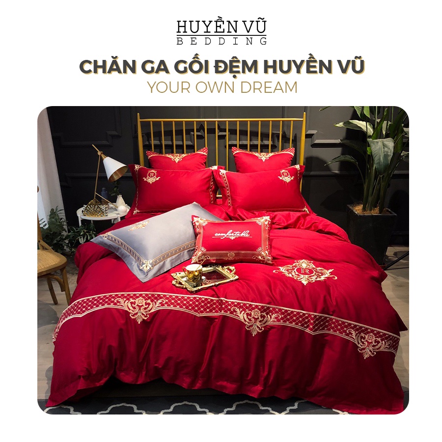 Bộ chăn ga gối CottonSateen đỏ Royal cưới tân gia-CHĂN GA GỐI ĐỆM HUYỀN VŨ