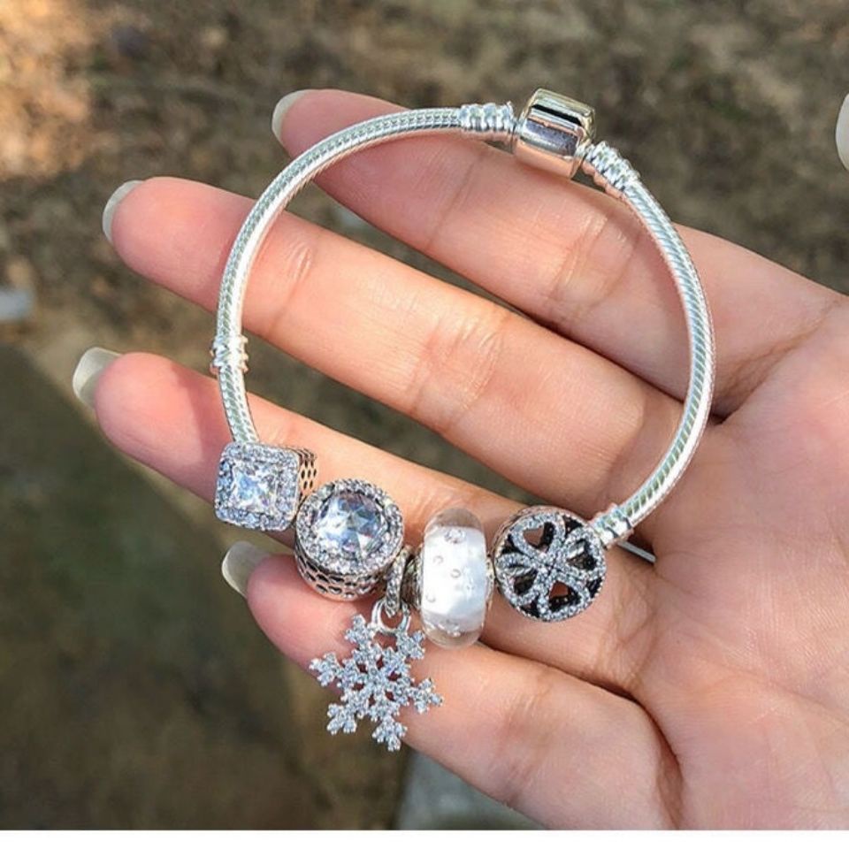 Vòng Tay Pandora Mạ Bạc 925 Mặt Hình Bông Tuyết Xinh Xắn Cho Nữ