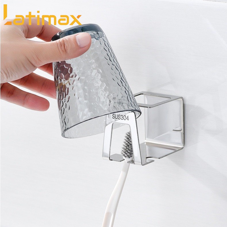 Kệ Để Bàn Chải Đánh Răng, treo máy cạo râu Dán Tường 3 Rãnh kèm Treo Ly Xúc Miệng Inox 304 Latimax