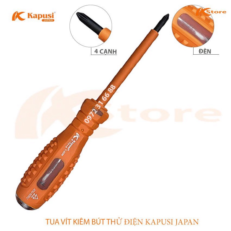 TUA VÍT CÁCH ĐIỆN KIÊM BÚT THỬ ĐIỆN KAPUSI JAPAN 200-500V 4x160MM, TÔ VÍT -  TUỐC NƠ VÍT KIỂM TRA DÒNG ĐIỆN