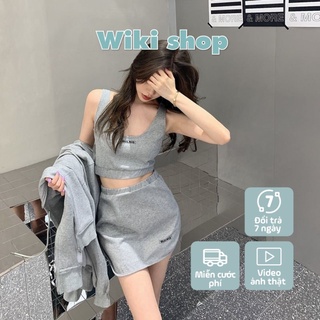 Set váy đầm nữ Bling 3 món freesize Wikishop màu ghi áo ba lỗ mix áo khoác mũ chân váy A phong cách thể thao hàn quốc