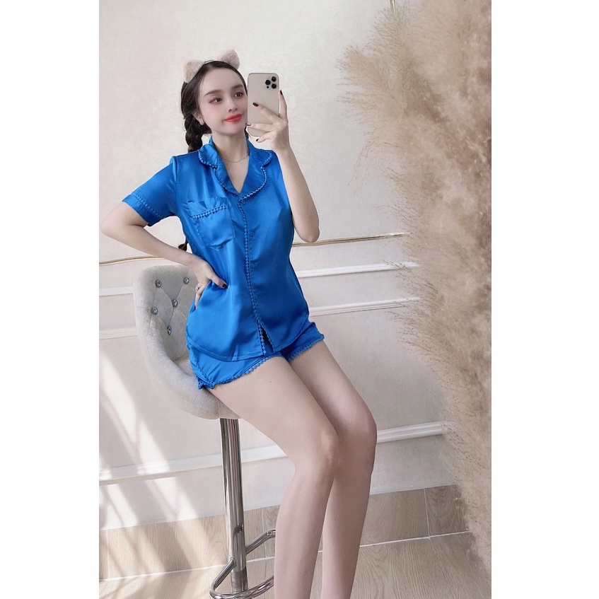 [FREESHIP 50K] Bộ Mặc Nhà Nữ NHISTORE Pijama Lụa Satin Quần Ngắn Tay Ngắn Trơn Viền Ren Freesize 45-55kg