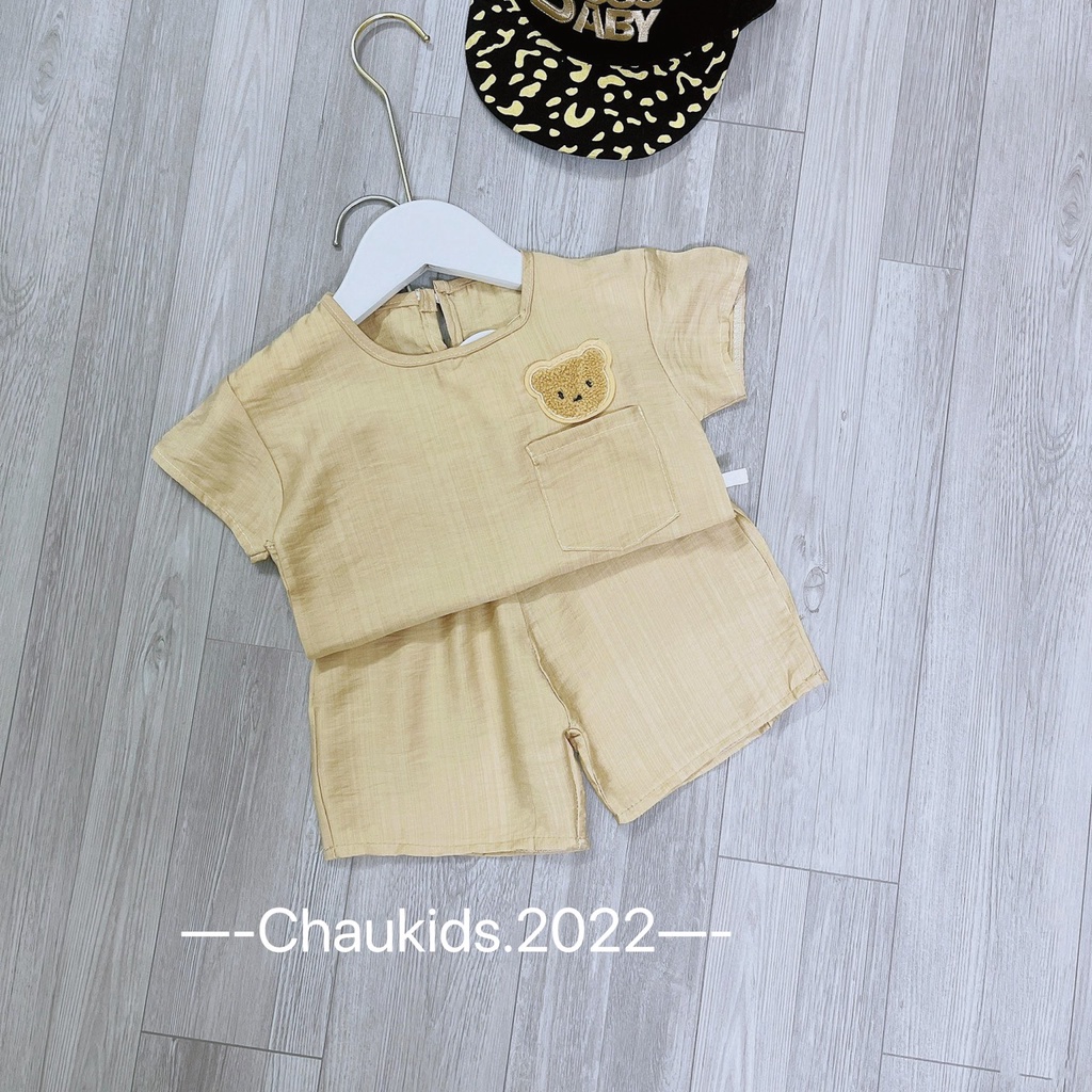 [SALE] Bộ Cộc Tay Cho Bé Trai, Bé Gái Vải Thô Đũi Thêu Gấu Túi Ngực, Đồ Bộ Cho Bé Mặc Đi Chơi, Đi Học CK37