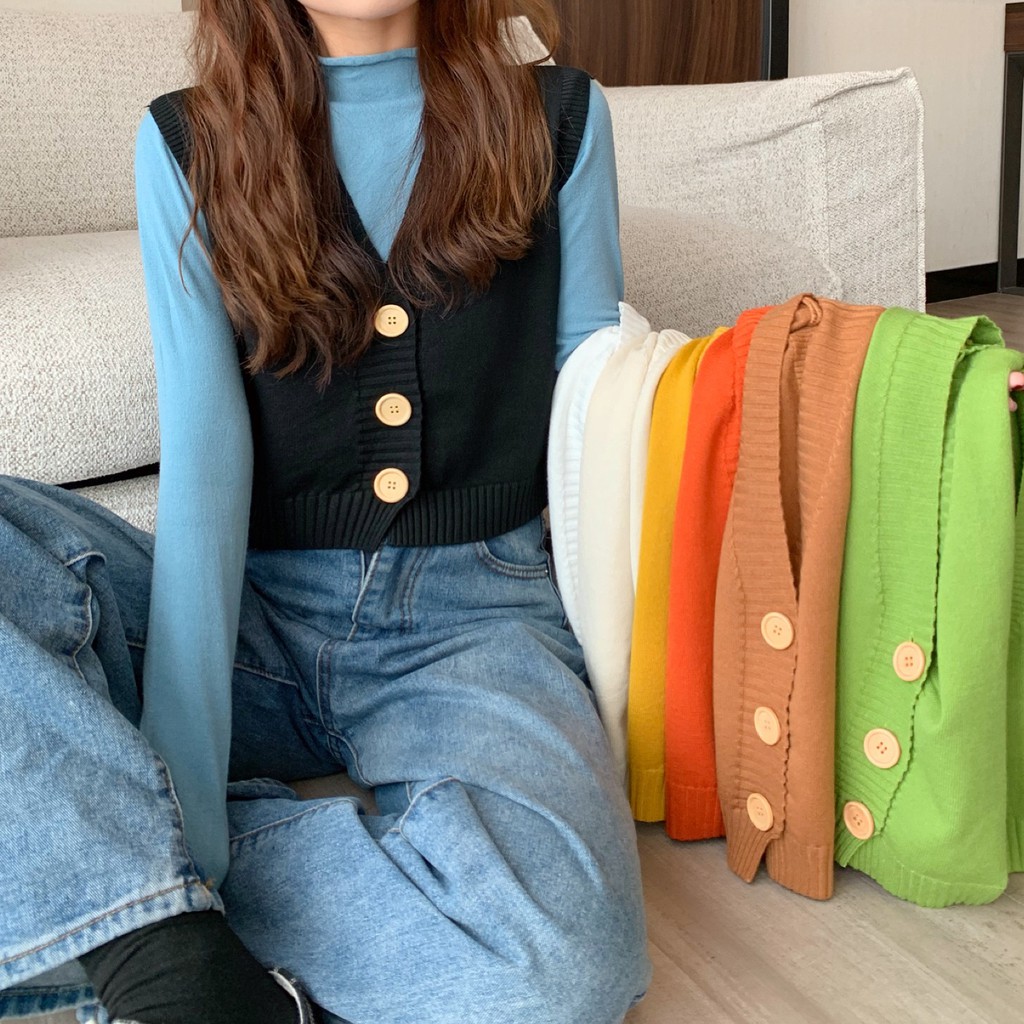 áo len dệt kim áo khoác crop top 3 nút