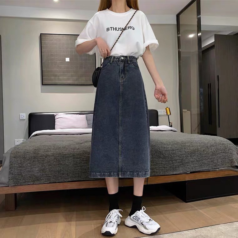 Kumivn Chân váy denim bò cạp cao dáng dài có nút chỉnh eo màu xám đen phong cách Hàn Quốc | BigBuy360 - bigbuy360.vn