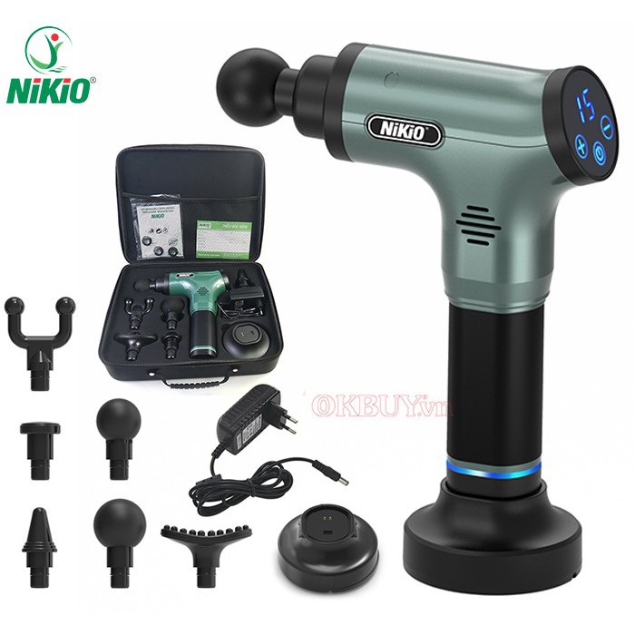 Súng massage gun trị đau nhức căng cơ cao cấp NIKIO NK-172 - 110W, xanh rêu