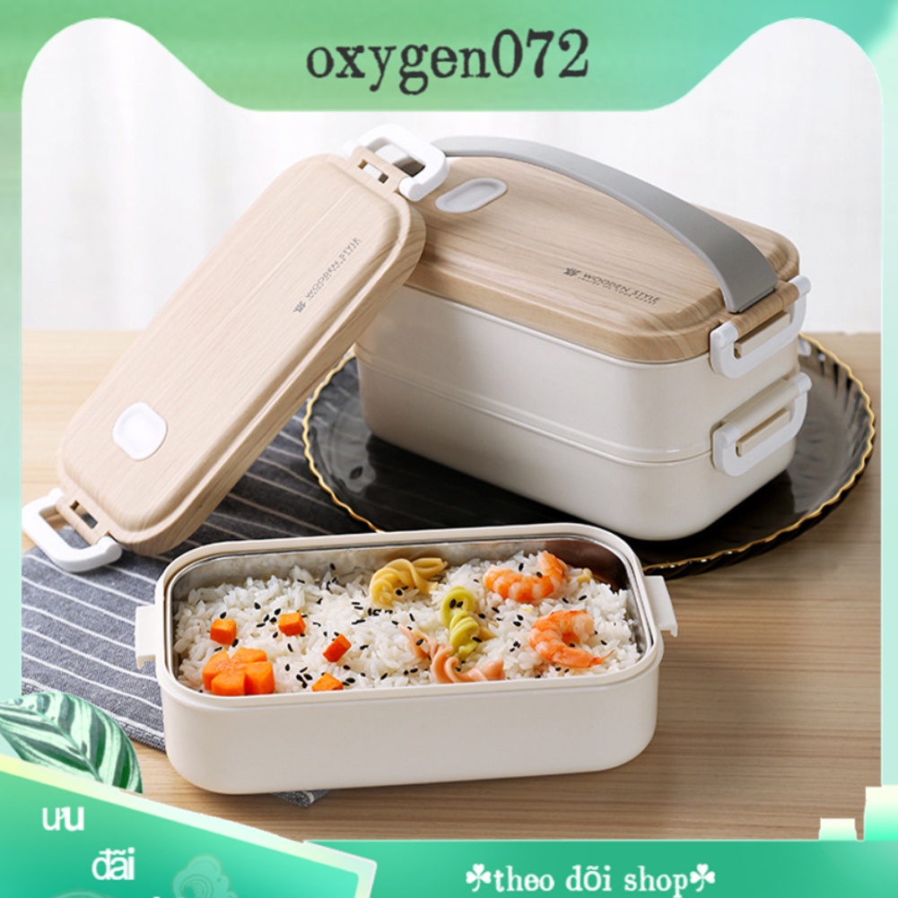 Hộp Cơm Trưa Cách Nhiệt 2 Tầng Inox 304 - Hộp Cơm Nắp Gỗ Phong Cách Nhật - PP Chống Rò Rỉ Có Thể Xếp Chồng Lên Nhau Tiện Dụng oxygen072