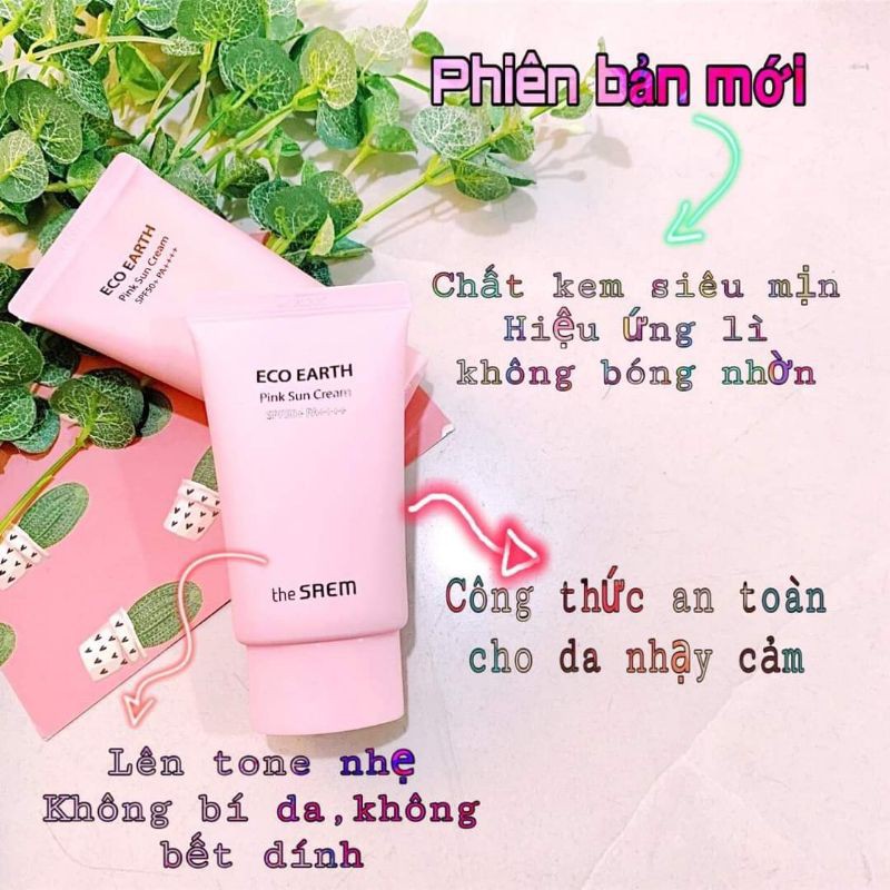 (Mẫu Mới) Kem Chống Nắng The Saem Pink Eco Earth Pink Sun Cream SPF50+ PA++++_(Màu Hồng)