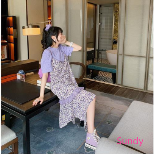 Set Áo Thun Ngắn Tay + Đầm Hoa Hai Dây Cho Bé Gái