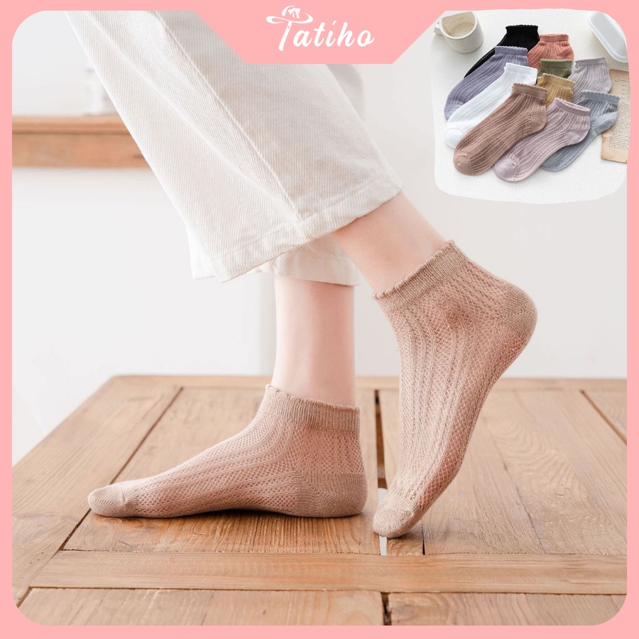 Tất Vớ Nữ Cổ Ngắn Chất Cotton Họa Tiết Trơn Phối Ren Mỏng Mềm Mại Thoáng Mát Phong Cách Hàng Quốc Dễ Thương - Mã TV013