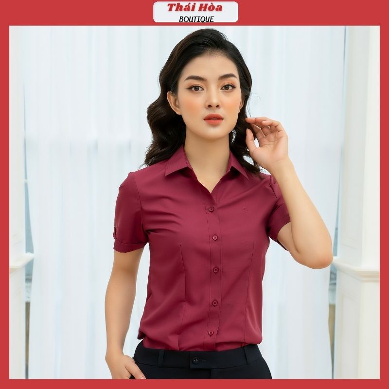 Áo sơ mi nữ tay ngắn công sở đẹp kiểu bigsize đổ đô cotton Thái Hoà N047-12-01