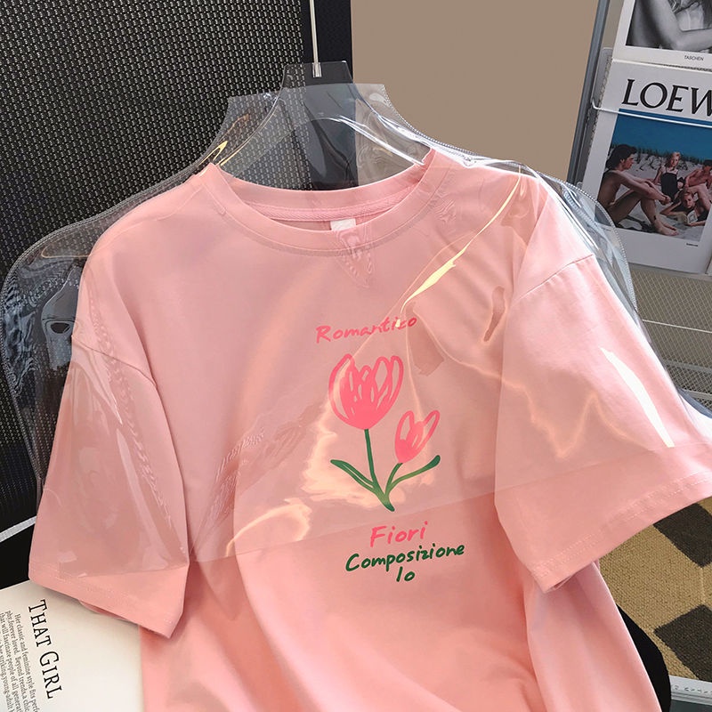 Áo Thun Tay Ngắn Hoạ Tiết Hoa Tulip Thời Trang Mùa Hè Cho Phái Nữ