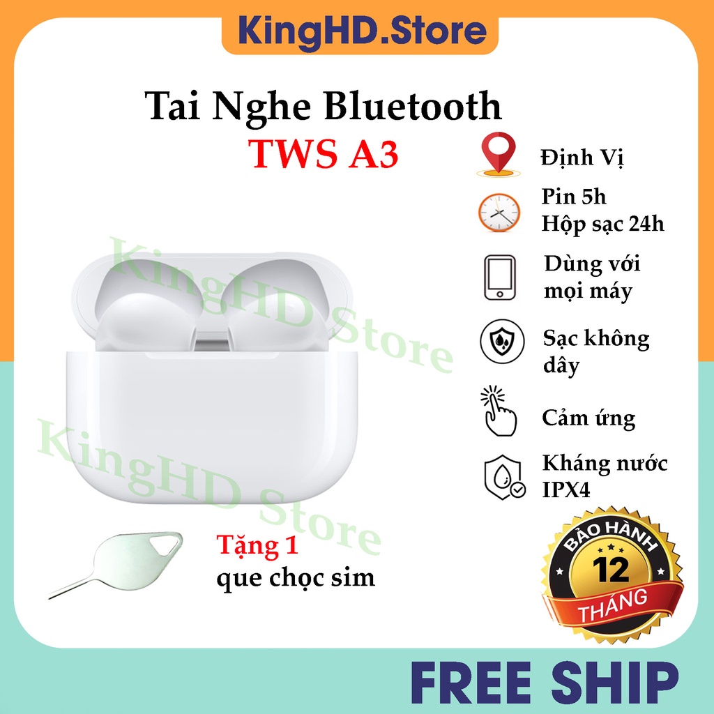 Tai Nghe Không Dây Bluetooth TWS A3, Tai nghe Bluetooth - Âm Thanh Vòm - Kháng Nước IPX4 - Cảm Biến -Định Vị Đổi Tên