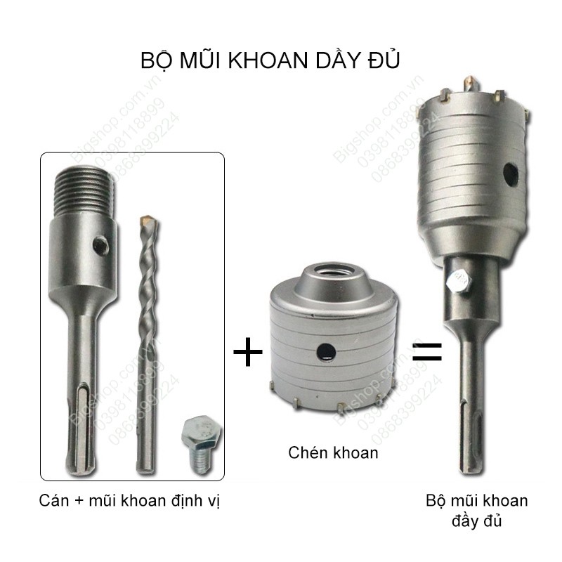 Mũi khoan khoét lỗ tường bê tông, tường gạch, cán dài 20cm, đủ bộ hoặc từng phụ kiện
