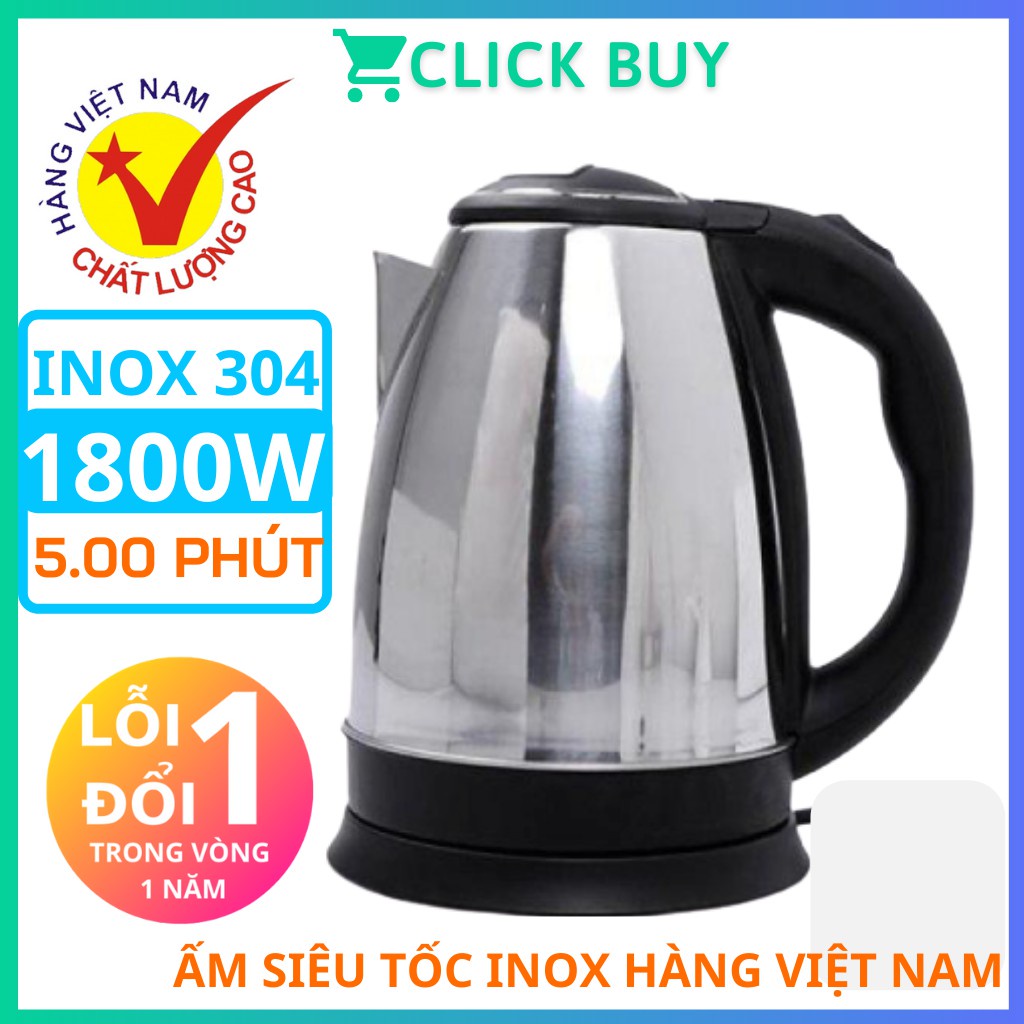 Ấm Siêu Tốc Inox 1,8 Lít Electric Kettle Chính Hãng Đun Sôi Cực Nhanh- Bảo Hành 12 Tháng 1 Đổi 1 nếu lỗi-KHOBUONPHIANAM