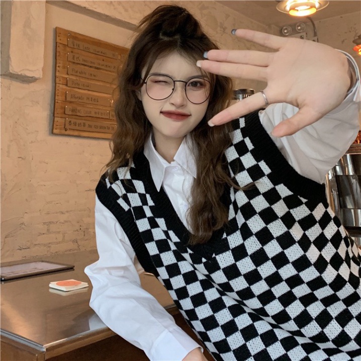 Áo gile nữ len khoác ngoài hoa văn kẻ caro cá tính tính năng động SA26 VINN_CLOSET