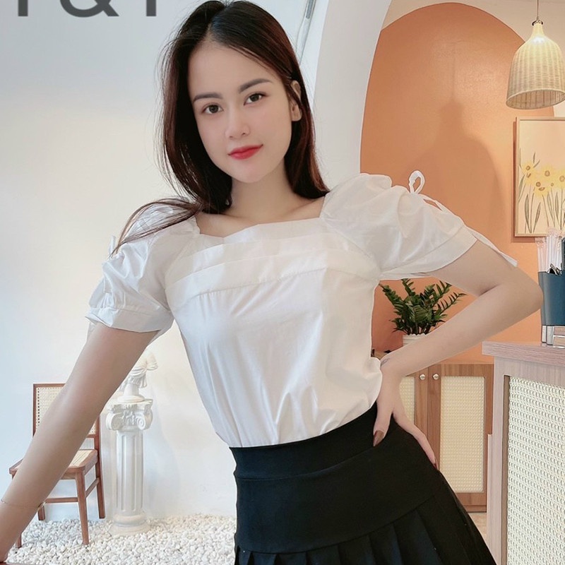 Áo Sơ Mi Nữ Kiểu Công Sở Tay Ngắn Rút Dây Cổ Vuông - Trắng Vàng Xanh Nâu Hồng Be - Thời Trang Nữ Hanlly Fashion -A20