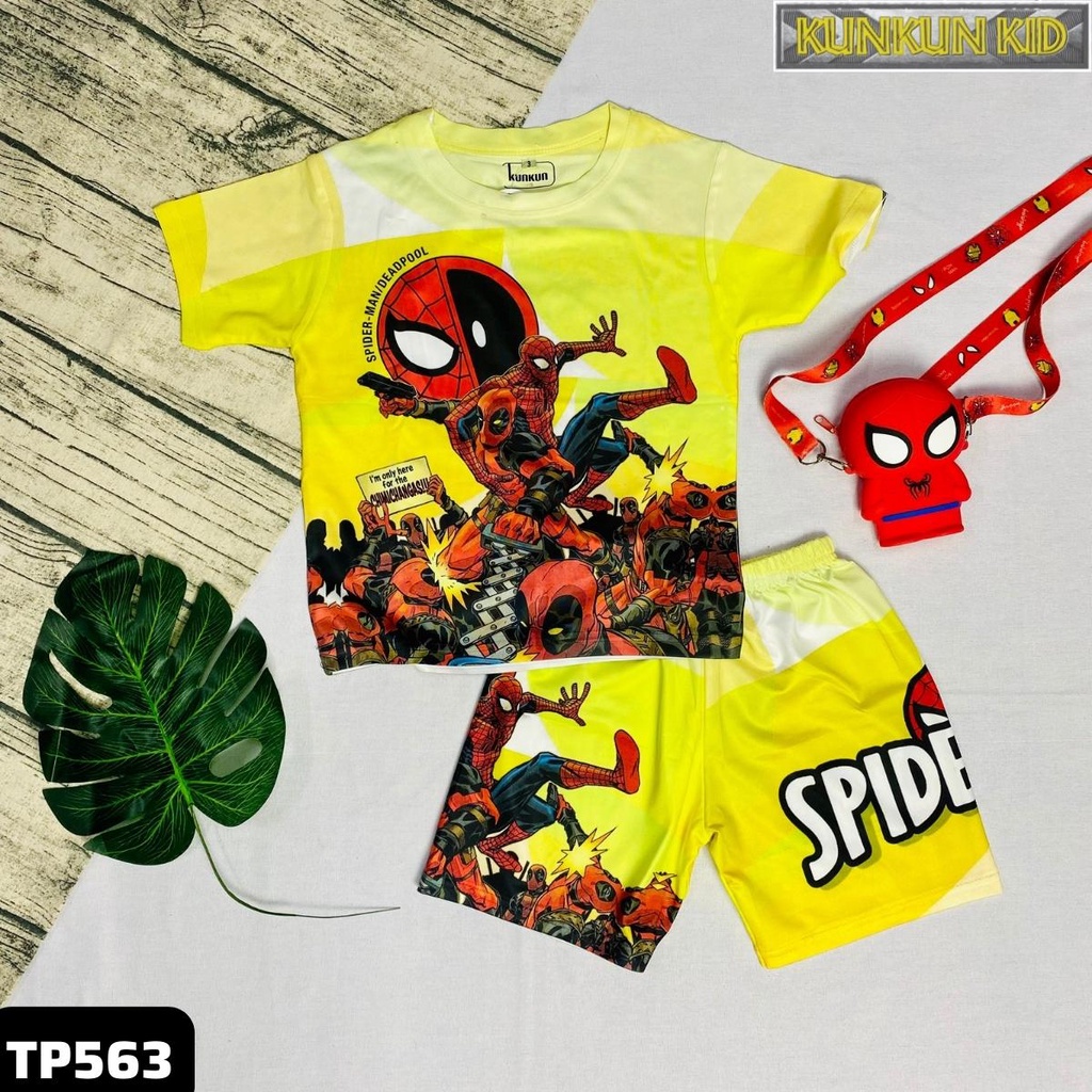 Quần áo bé trai Kunkun Kid TP563 Thun lạnh in người nhện Deadpool size đại từ 10-60kg