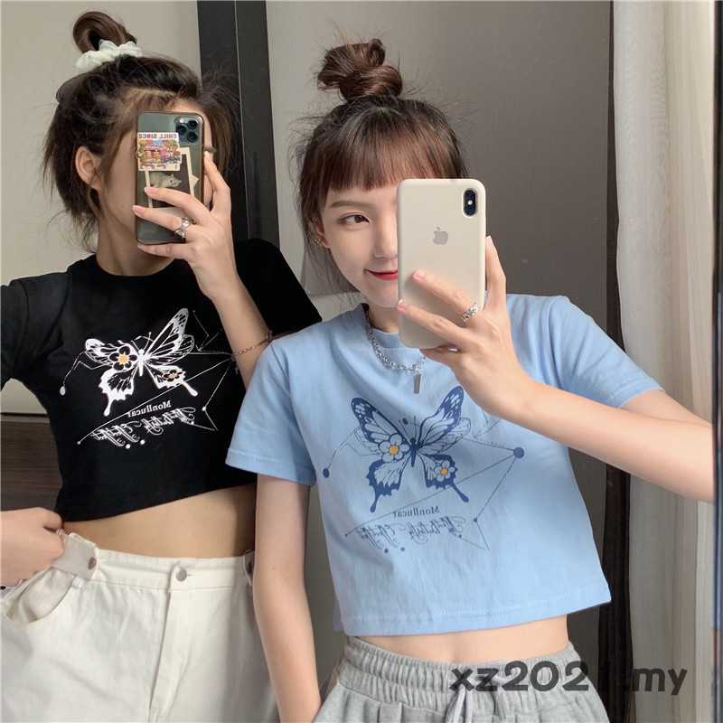 Áo Croptop Tay Ngắn Hoạ Tiết Bướm Phong Cách Hàn Quốc Đáng Yêu Cho Nữ
