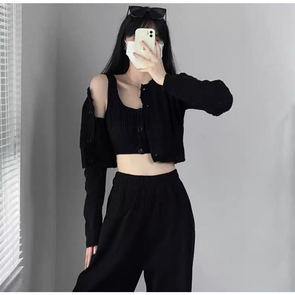 Set 2 món áo 2 dây + áo khoác len trẻ trung cá tính DA99