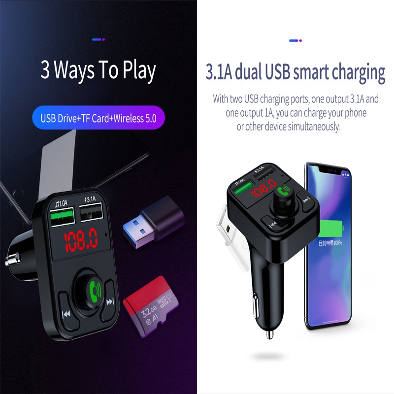 Tẩu Sạc Hai Cổng Usb Bluetooth Fm Aux Nghe Nhạc Mp3 Cho Xe Hơi