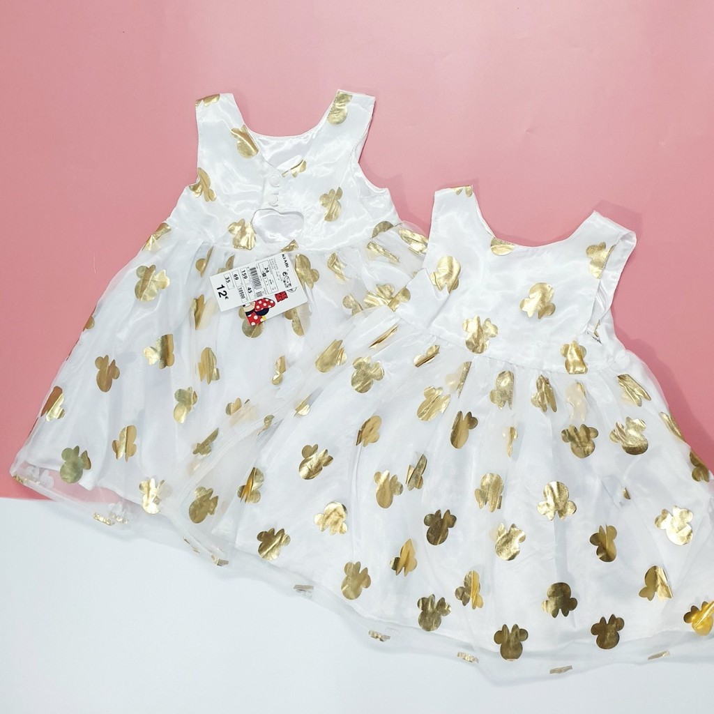 Đầm Kiabi Họa Tiết Đầu Mickey Vàng Nhũ Bé Gái | Size: 18 Tháng đến 4 Tuổi