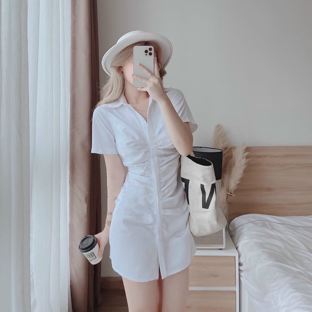 Váy đầm ôm body cổ sơ mi nhún cài nút thật có 2 màu như hình ( xanh ,trắng ) phong cách hàn quốc thời trang hè cho nữ