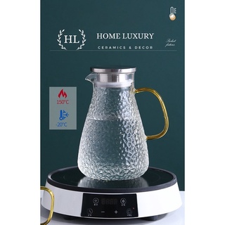 Bình thuỷ tinh chịu nhiệt sần quai vàng | Bình sần Borosilicate chịu nhiệt, chịu lực cao cấp hoa văn sần thiên thạch