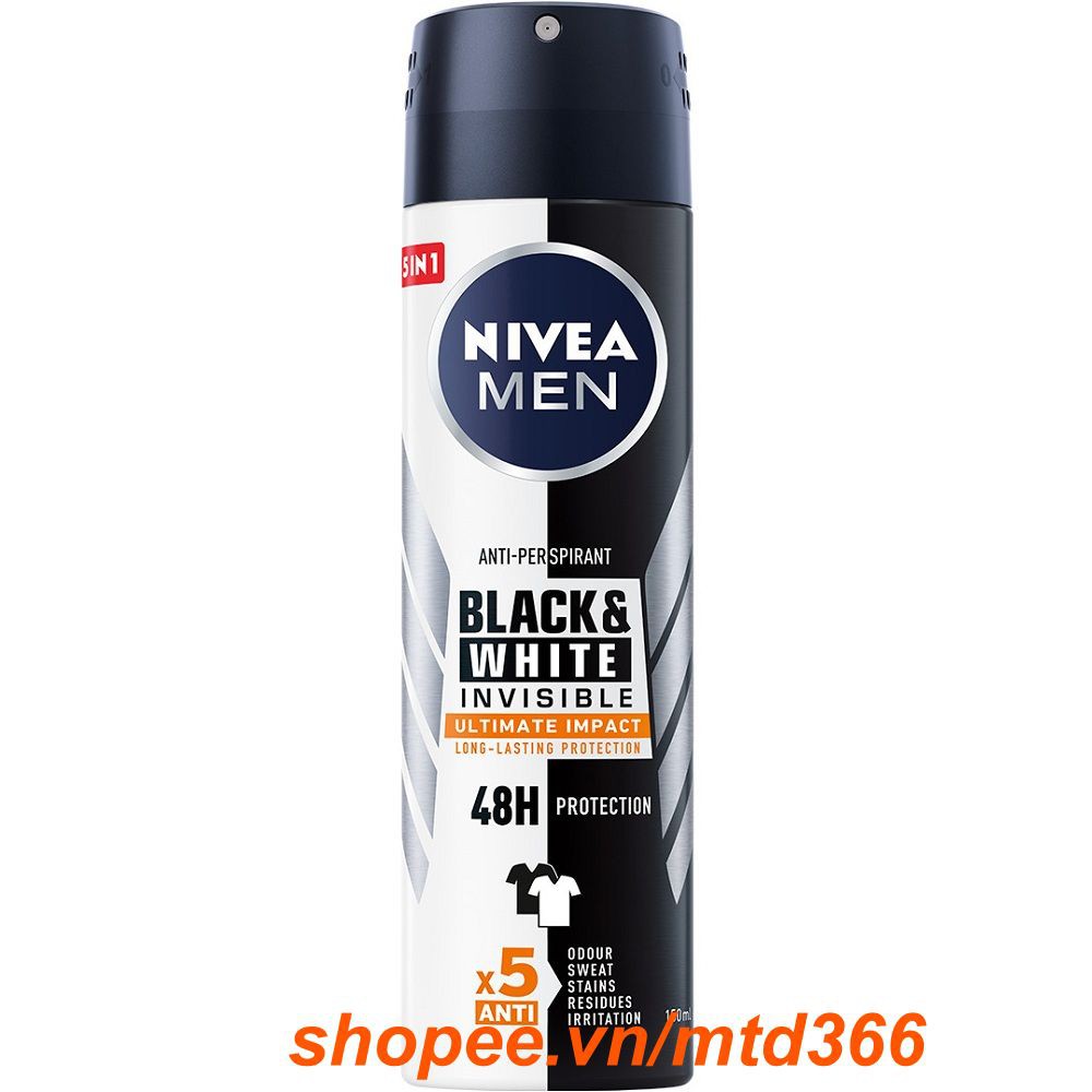 Xịt Khử Mùi 150ml Nivea Ngăn Vệt Ố Vàng Cho Nam (Black And White)