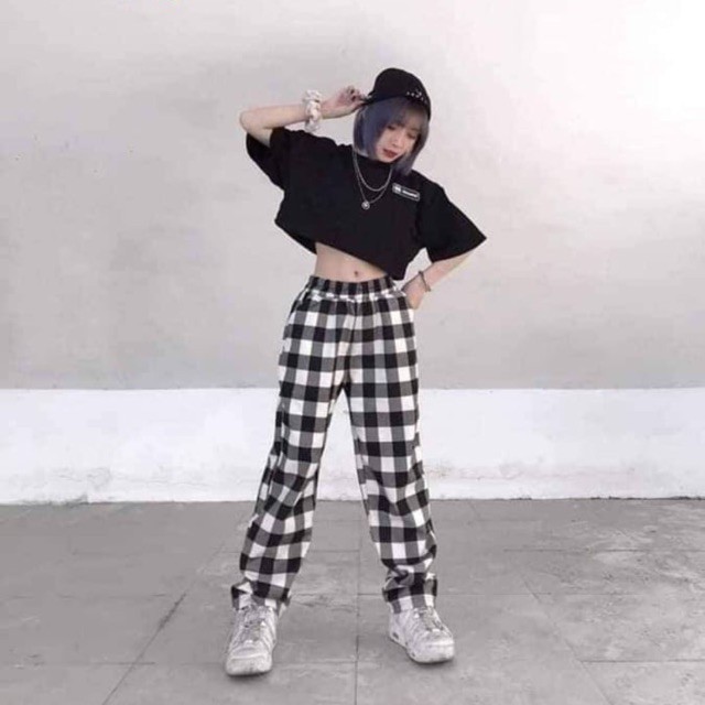 Sét quần kẻ + áo Croptop chữ vuông HĐ12 vintage TTPM