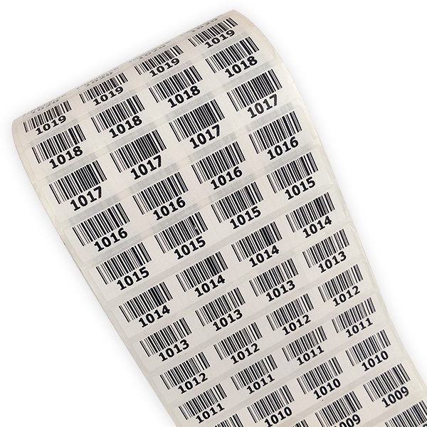 Decal in tem nhãn, mã vạch 25x15 mm, 4 tem/ hàng, khổ 110mm, cuộn dài 50m