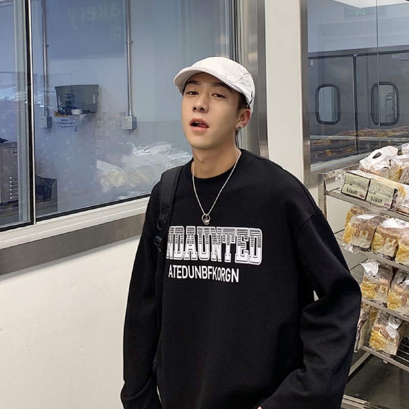 Áo thun tay dài dáng rộng in chữ phong cách Hàn Quốc thời trang cho nam size M-5XL