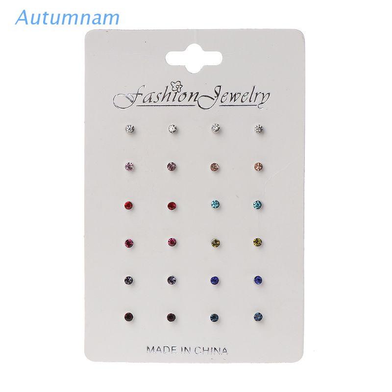 Set 12 Cặp Khuyên Tai / Mũi / Môi Đính Đá Zircon Màu Cầu Vồng