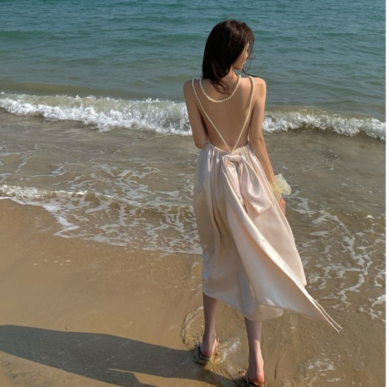 Đầm Đi Biển Hai Dây Phối Nơ Xinh Xắn Dành Cho Nữ | BigBuy360 - bigbuy360.vn