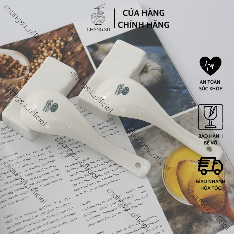 Thìa sứ trắng trơn và gác thìa đũa trắng trơn - Muỗng ăn dặm nhỏ dễ thương và gác đũa sứ Minh Châu