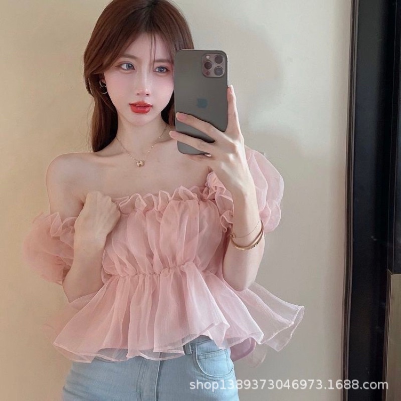 Áo croptop trễ vai tay bồng bánh bèo mùa hè 2 màu siêu cưng A1