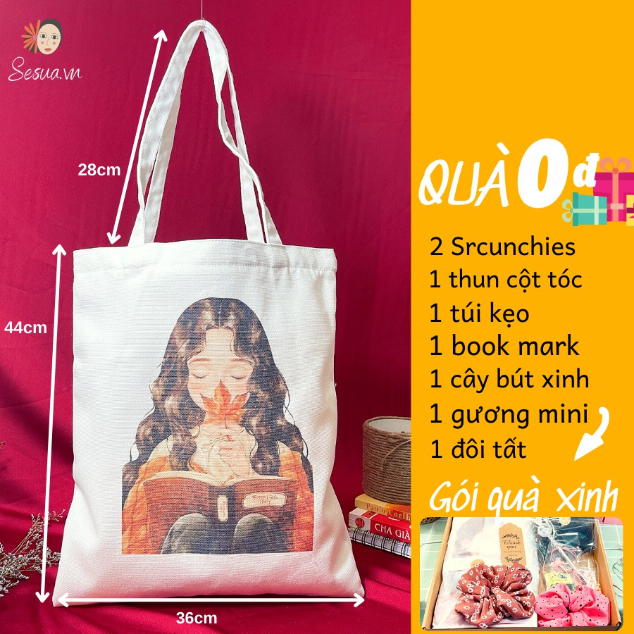 [Túi Thiết Kế-Fullbox quà tặng] Túi TOTE vải Canvas đeo vai phong cách hàn quốc, form unisex vintage - Girl lá phong